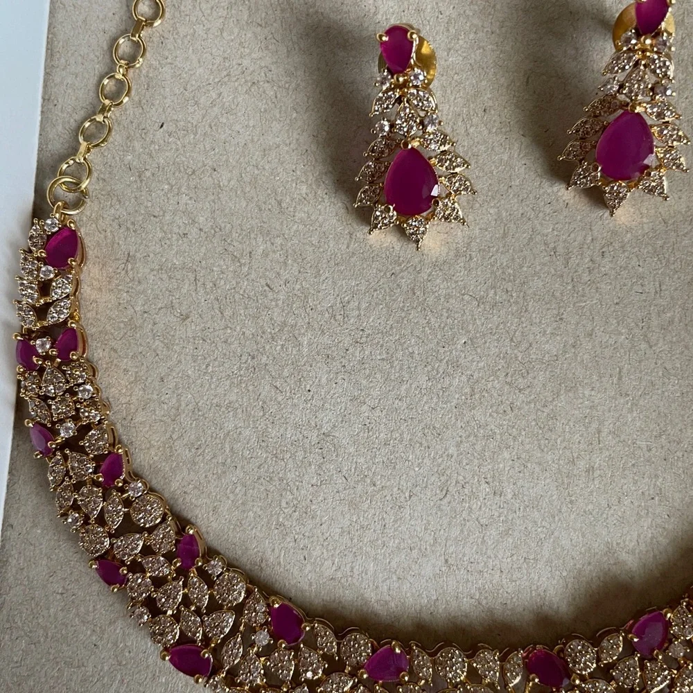 Gold-Tone Necklace & Earring Set with Pink Gem Accents